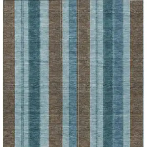 Photo of Teal Blue And Brown Striped Washable Indoor Outdoor Area Rug
