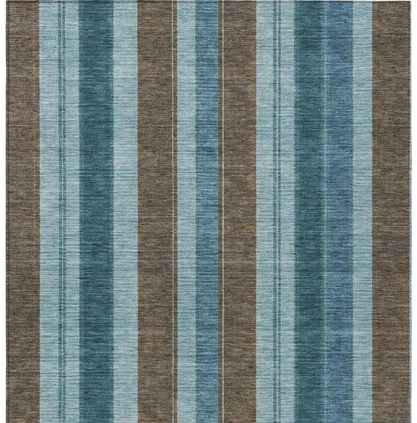 Teal Blue And Brown Striped Washable Indoor Outdoor Area Rug Photo 1