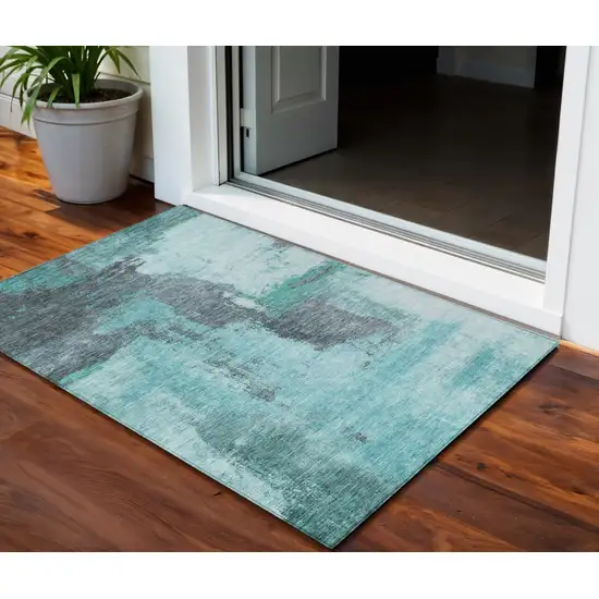 Teal Blue And Charcoal Abstract Washable Indoor Outdoor Area Rug Photo 1