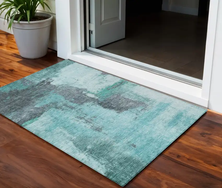 Teal Blue And Charcoal Abstract Washable Indoor Outdoor Area Rug Photo 1