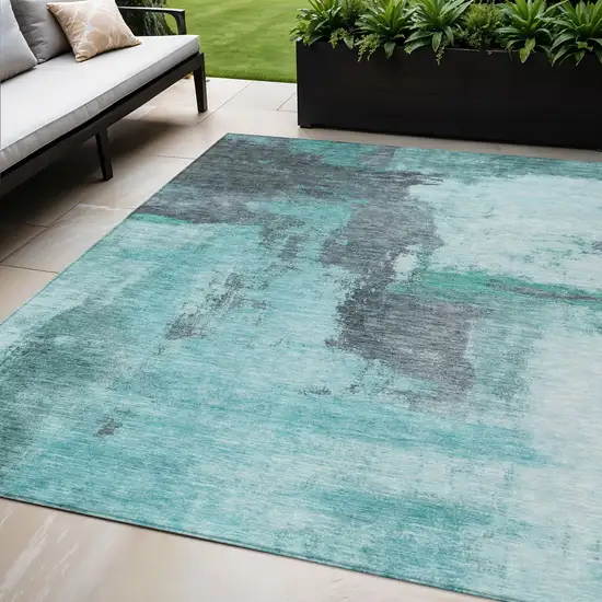 Teal Blue And Charcoal Abstract Washable Indoor Outdoor Area Rug Photo 1