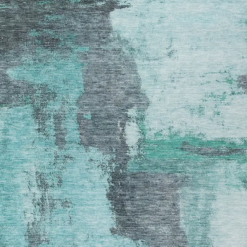 Teal Blue And Charcoal Abstract Washable Indoor Outdoor Area Rug Photo 5