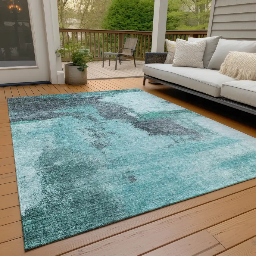 Teal Blue And Charcoal Abstract Washable Indoor Outdoor Area Rug Photo 9
