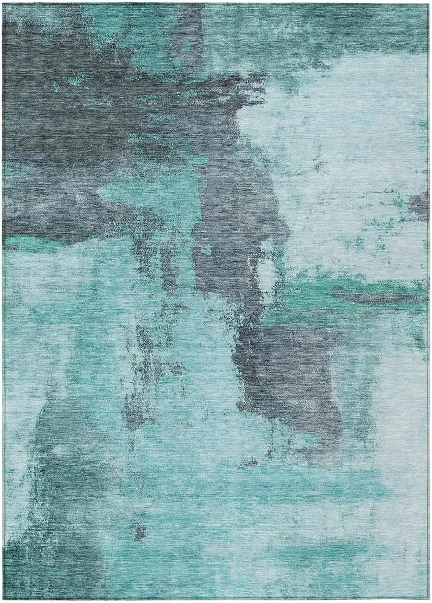 Teal Blue And Charcoal Abstract Washable Indoor Outdoor Area Rug Photo 2