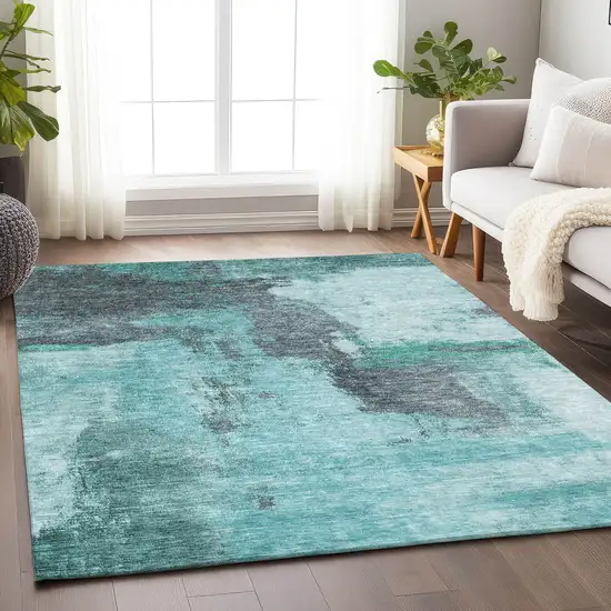 Teal Blue And Charcoal Abstract Washable Indoor Outdoor Area Rug Photo 7