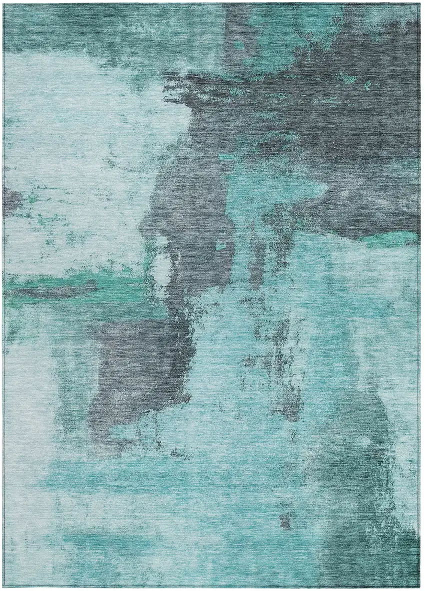 Teal Blue And Charcoal Abstract Washable Indoor Outdoor Area Rug Photo 5