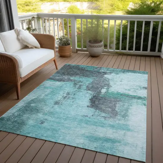 Teal Blue And Charcoal Abstract Washable Indoor Outdoor Area Rug Photo 6