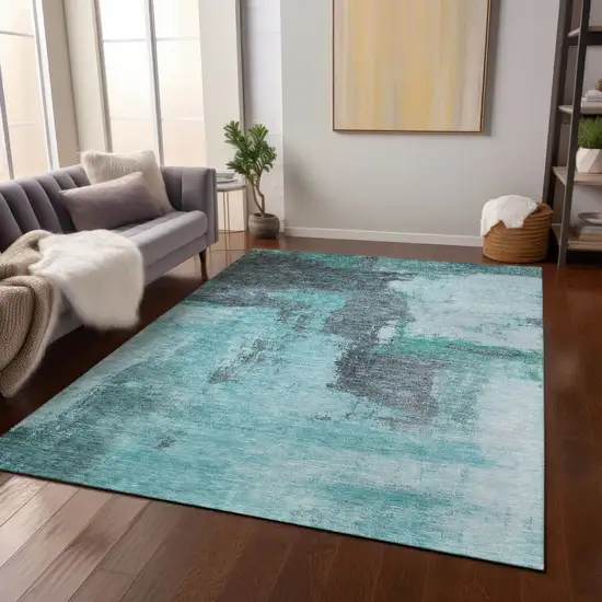 Teal Blue And Charcoal Abstract Washable Indoor Outdoor Area Rug Photo 8