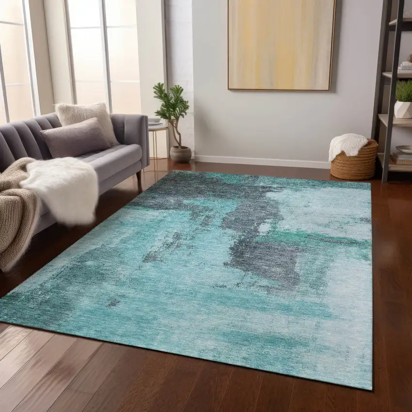 Teal Blue And Charcoal Abstract Washable Indoor Outdoor Area Rug Photo 8