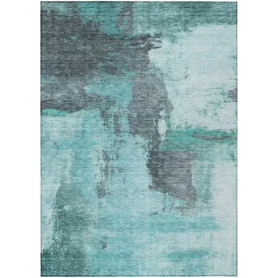 Teal Blue And Charcoal Abstract Washable Indoor Outdoor Area Rug Photo 2