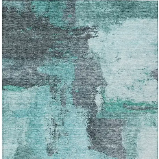 Teal Blue And Charcoal Abstract Washable Indoor Outdoor Area Rug Photo 6