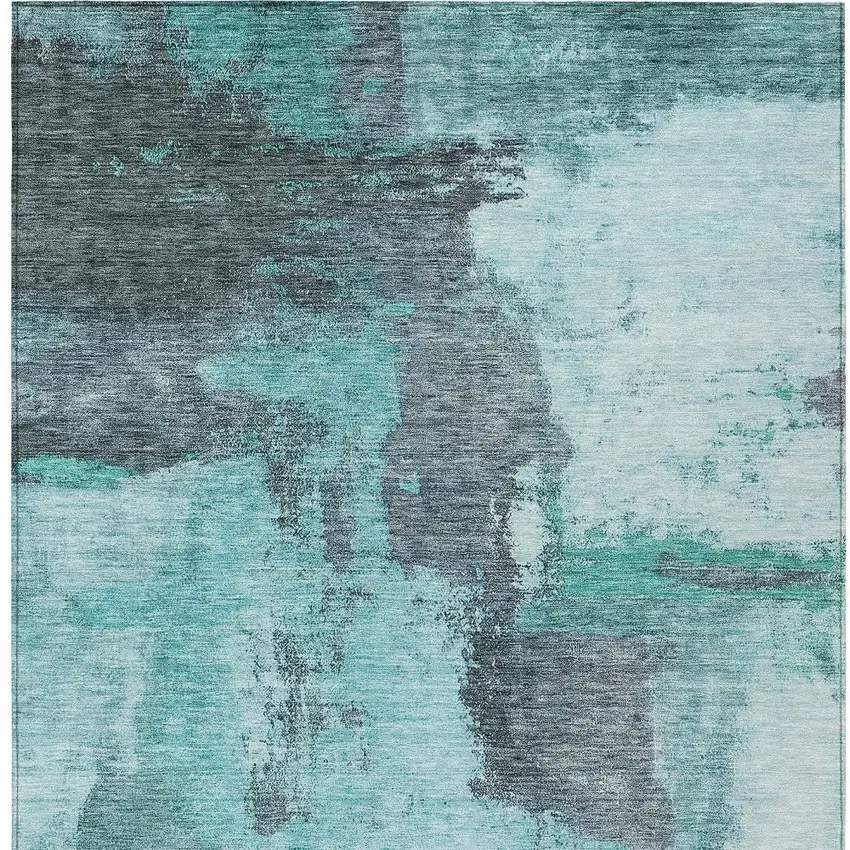 Teal Blue And Charcoal Abstract Washable Indoor Outdoor Area Rug Photo 6