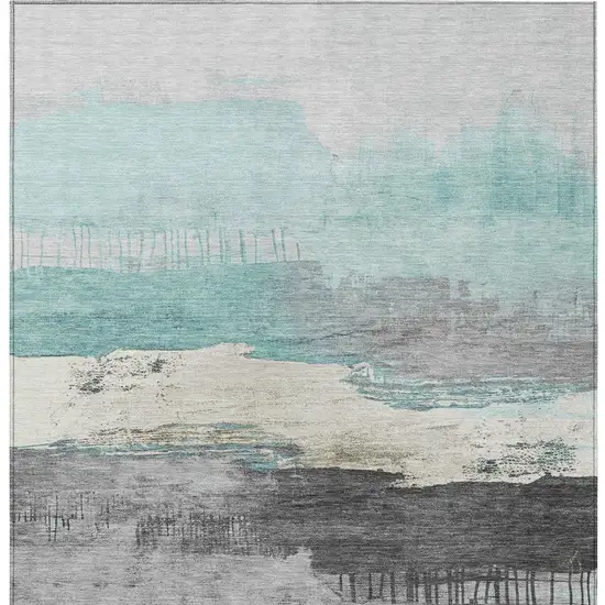 Teal Blue And Charcoal Abstract Washable Indoor Outdoor Area Rug Photo 8
