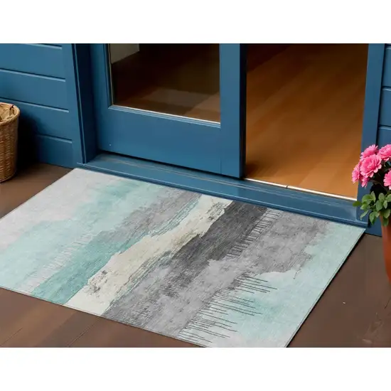 Teal Blue And Charcoal Abstract Washable Indoor Outdoor Area Rug Photo 2