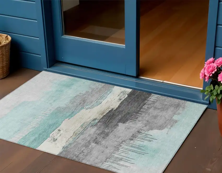 Teal Blue And Charcoal Abstract Washable Indoor Outdoor Area Rug Photo 2