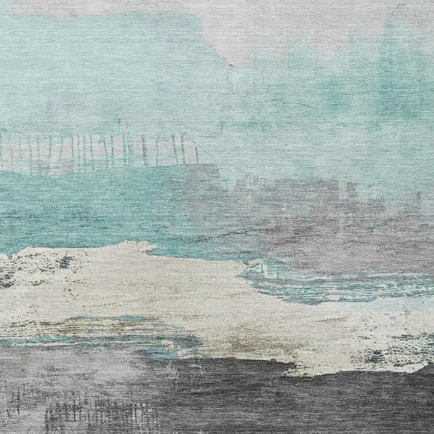 Teal Blue And Charcoal Abstract Washable Indoor Outdoor Area Rug Photo 3