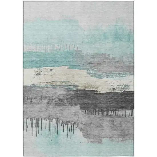 Teal Blue And Charcoal Abstract Washable Indoor Outdoor Area Rug Photo 1