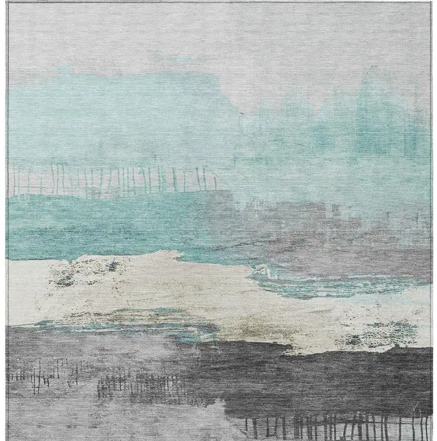 Teal Blue And Charcoal Abstract Washable Indoor Outdoor Area Rug Photo 4