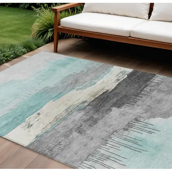 Teal Blue And Charcoal Abstract Washable Indoor Outdoor Area Rug Photo 2