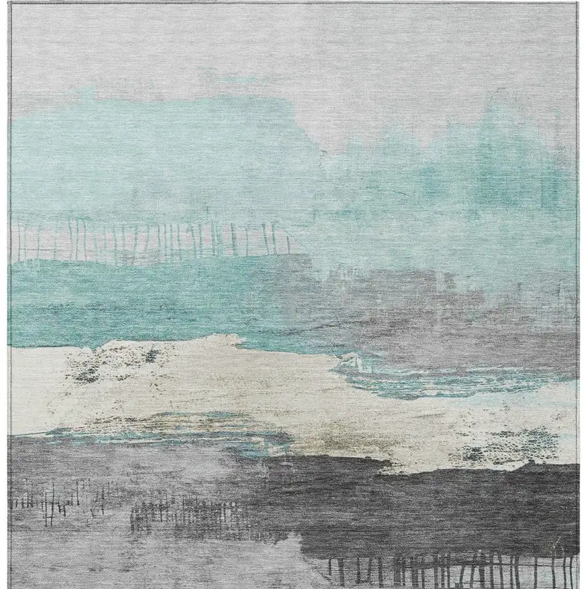 Teal Blue And Charcoal Abstract Washable Indoor Outdoor Area Rug Photo 8
