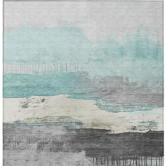 Teal Blue And Charcoal Abstract Washable Indoor Outdoor Area Rug Photo 4