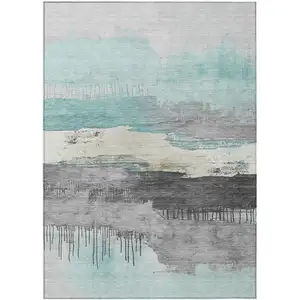 Photo of Teal Blue And Charcoal Abstract Washable Indoor Outdoor Area Rug