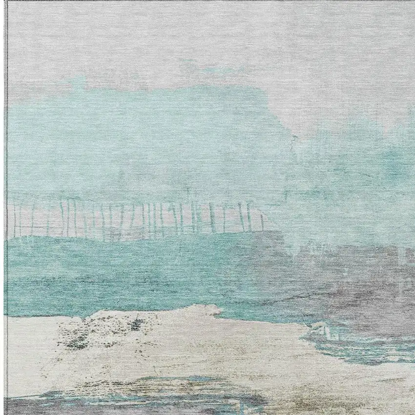 Teal Blue And Charcoal Abstract Washable Indoor Outdoor Area Rug Photo 3