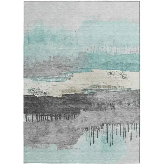 Teal Blue And Charcoal Abstract Washable Indoor Outdoor Area Rug Photo 1