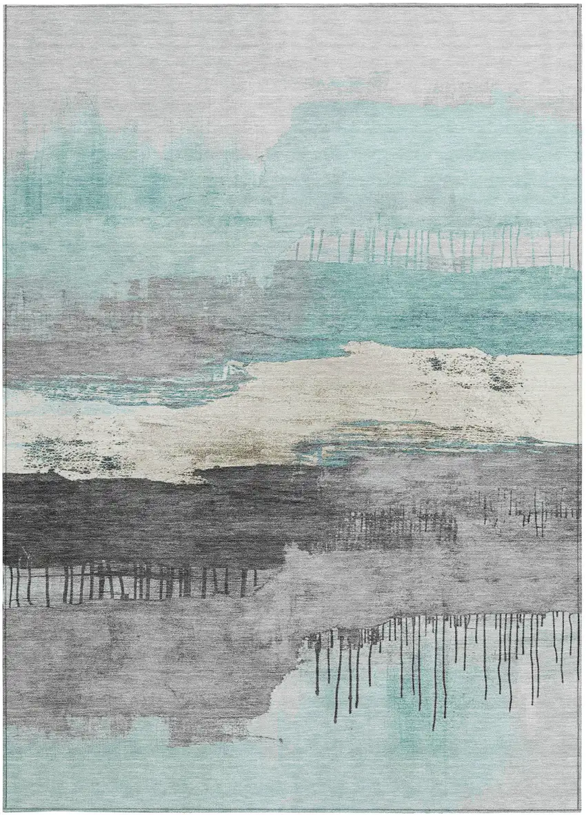 Teal Blue And Charcoal Abstract Washable Indoor Outdoor Area Rug Photo 1