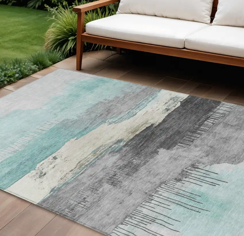 Teal Blue And Charcoal Abstract Washable Indoor Outdoor Area Rug Photo 2