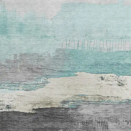 Teal Blue And Charcoal Abstract Washable Indoor Outdoor Area Rug Photo 3