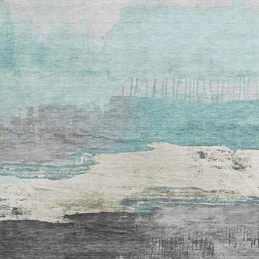 Teal Blue And Charcoal Abstract Washable Indoor Outdoor Area Rug Photo 3