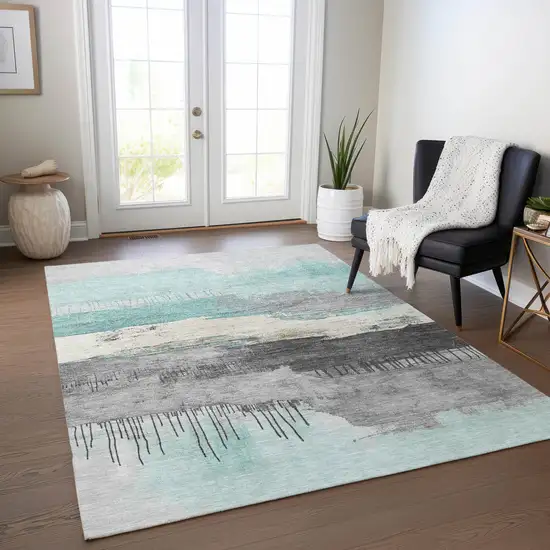 Teal Blue And Charcoal Abstract Washable Indoor Outdoor Area Rug Photo 5