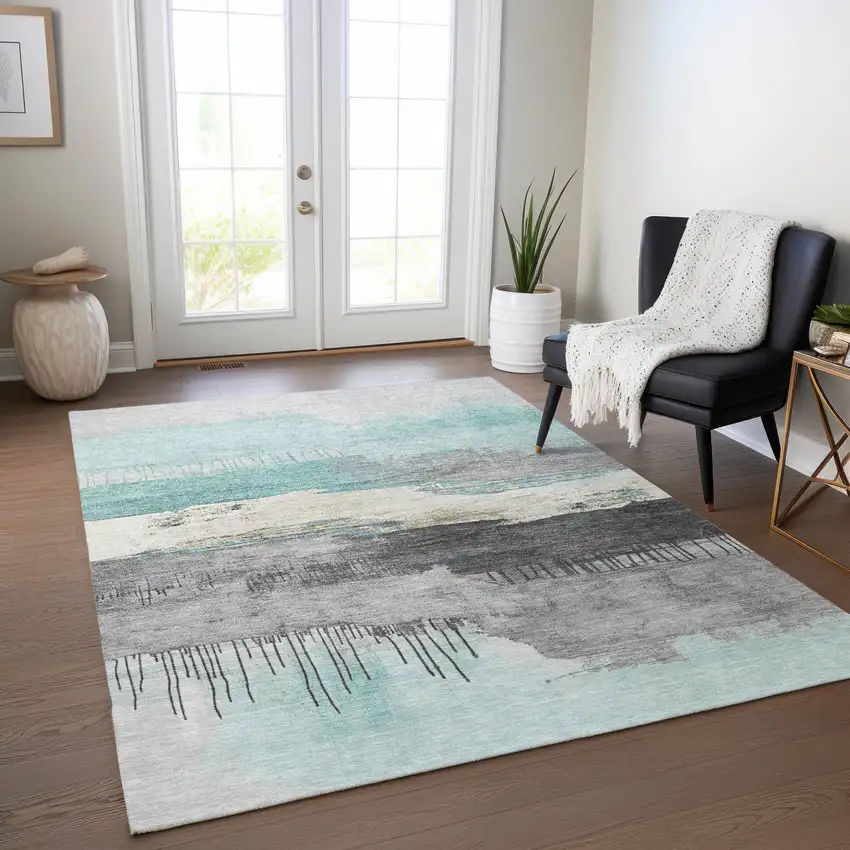Teal Blue And Charcoal Abstract Washable Indoor Outdoor Area Rug Photo 5