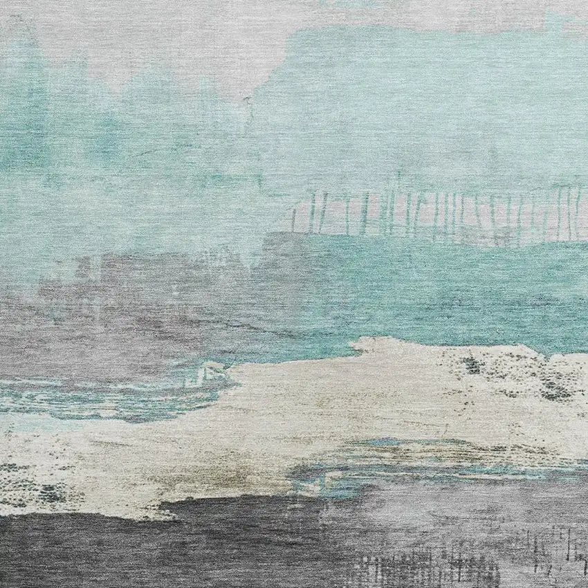 Teal Blue And Charcoal Abstract Washable Indoor Outdoor Area Rug Photo 3