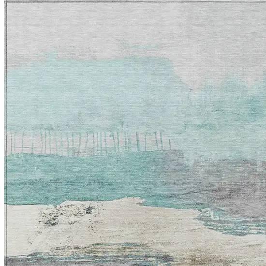 Teal Blue And Charcoal Abstract Washable Indoor Outdoor Area Rug Photo 8