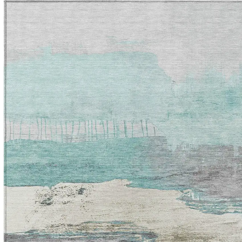 Teal Blue And Charcoal Abstract Washable Indoor Outdoor Area Rug Photo 8