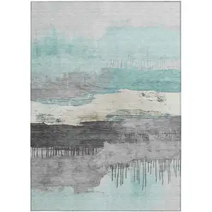 Photo of Teal Blue And Charcoal Abstract Washable Indoor Outdoor Area Rug