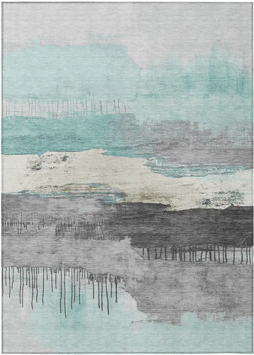 Teal Blue And Charcoal Abstract Washable Indoor Outdoor Area Rug Photo 7