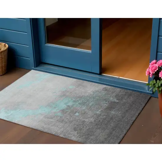 Teal Blue And Charcoal Abstract Washable Indoor Outdoor Area Rug Photo 2