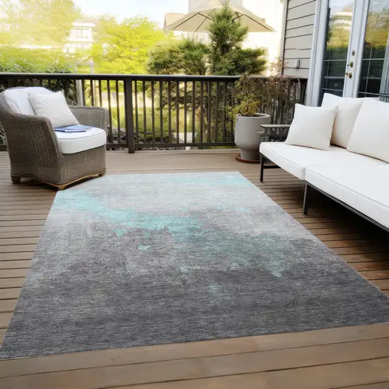Teal Blue And Charcoal Abstract Washable Indoor Outdoor Area Rug Photo 8