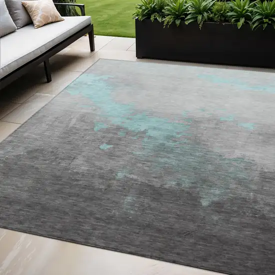 Teal Blue And Charcoal Abstract Washable Indoor Outdoor Area Rug Photo 2