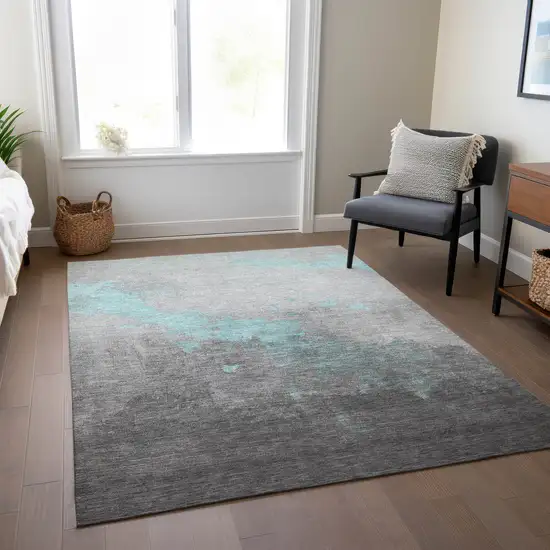 Teal Blue And Charcoal Abstract Washable Indoor Outdoor Area Rug Photo 7