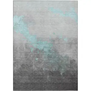 Photo of Teal Blue And Charcoal Abstract Washable Indoor Outdoor Area Rug