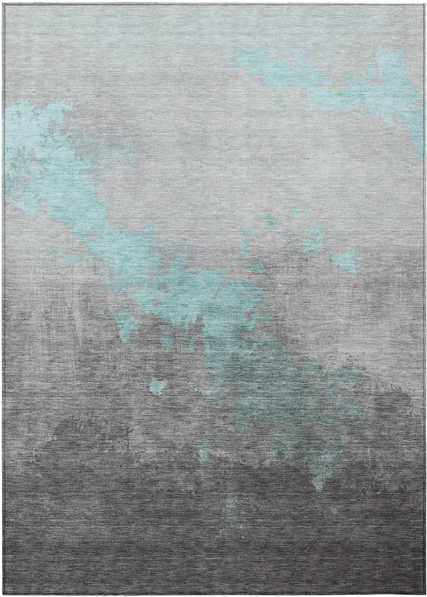 Teal Blue And Charcoal Abstract Washable Indoor Outdoor Area Rug Photo 1