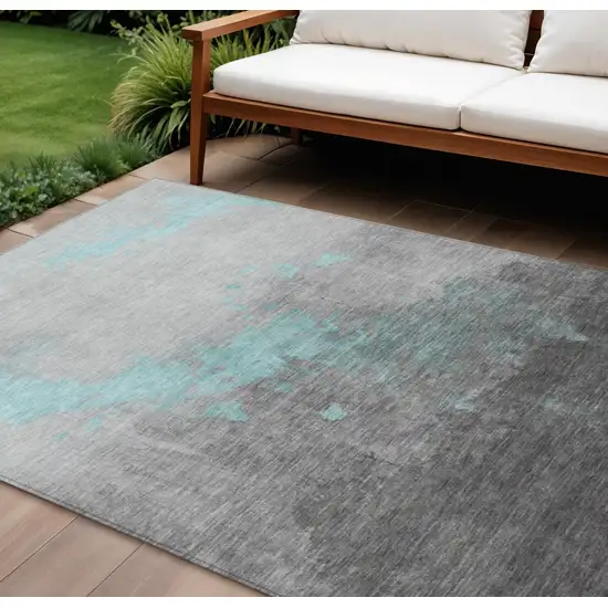 Teal Blue And Charcoal Abstract Washable Indoor Outdoor Area Rug Photo 2