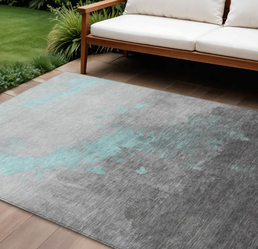 Teal Blue And Charcoal Abstract Washable Indoor Outdoor Area Rug Photo 2
