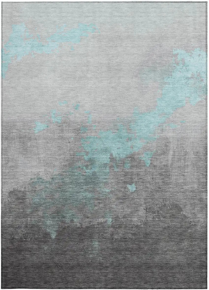 Teal Blue And Charcoal Abstract Washable Indoor Outdoor Area Rug Photo 9