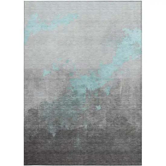 Teal Blue And Charcoal Abstract Washable Indoor Outdoor Area Rug Photo 9