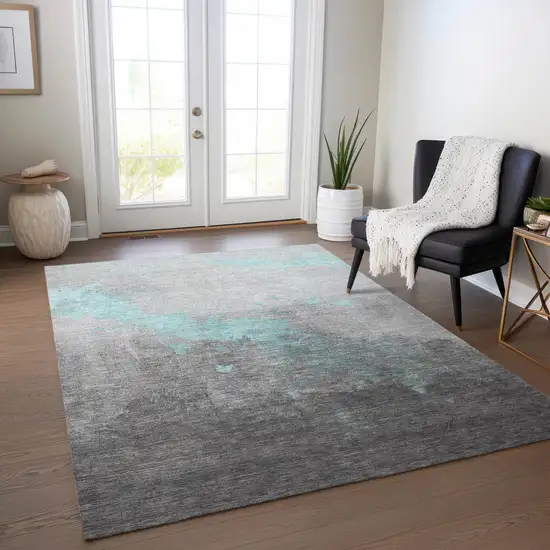Teal Blue And Charcoal Abstract Washable Indoor Outdoor Area Rug Photo 6